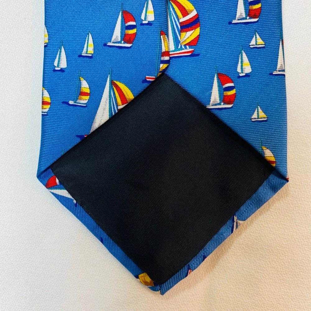 Serry's Blue Silk Necktie Sailboat Pattern Nautical Menswear Fashion Tie Hanover
